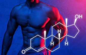Muscular male torso and testosterone formula. Concept of hormone increasing methods.